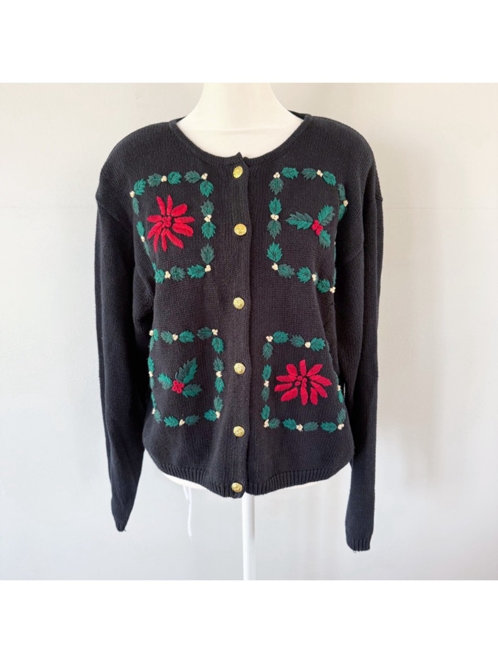 Vintage Women Embroidered Holly Novelty Cardigan Large Holiday Party Layers